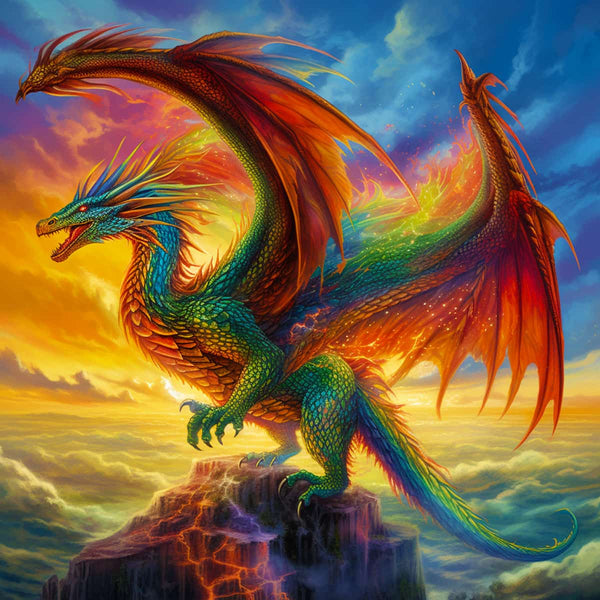 Vibrant diamond painting of a dragon perched on a cliff with colorful wings and a glowing background, perfect for Paint by Numbers enthusiasts.