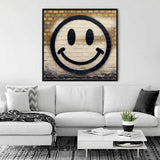 Paint by Numbers Urban Smiles artwork on yellow brick wall above white couch in a modern living room