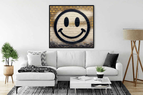 Paint by Numbers Urban Smiles artwork on yellow brick wall above white couch in a modern living room