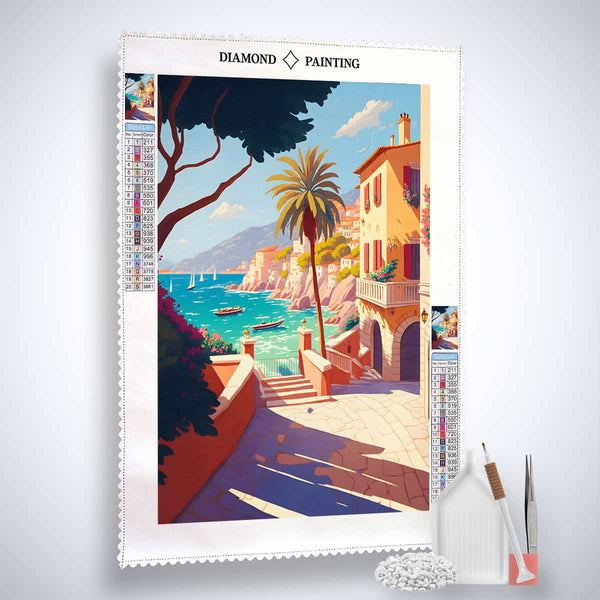Diamond Painting - Italian Dreams kit with a stunning coastal landscape, complete with canvas, acrylic diamonds, tweezers, and application pen.