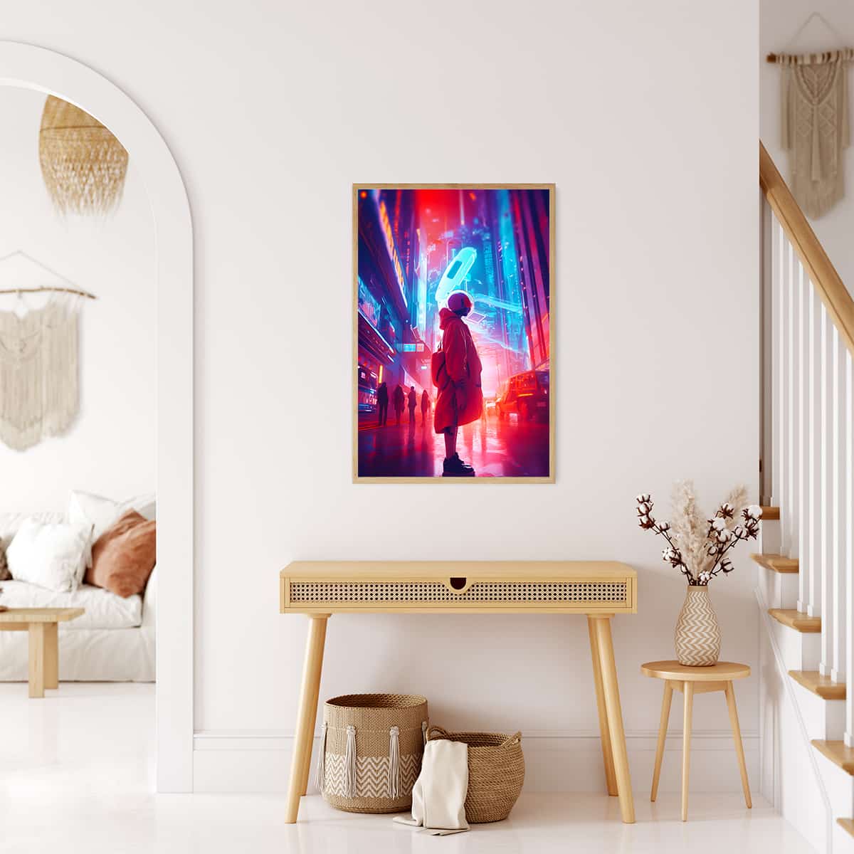 AB Diamond Painting - Neon City sideways displayed in modern living room setting. Paint by Numbers kit with enhanced acrylic diamonds.