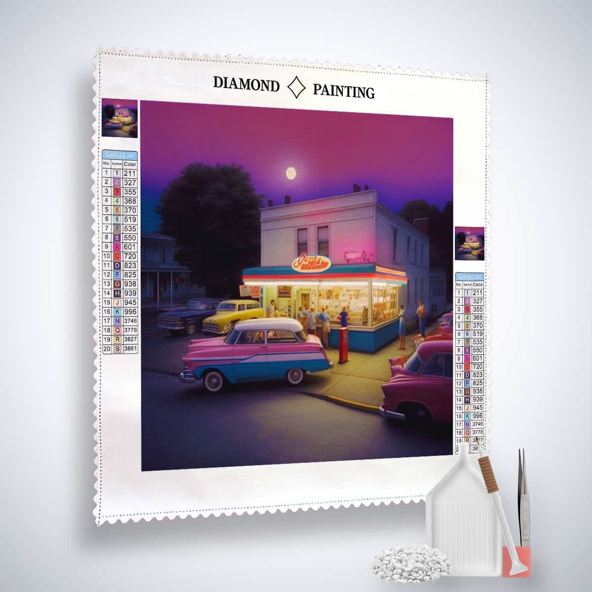 Diamond Painting Kit of vintage time-travel scene at gas pump with acrylic diamonds, canvas, artist's tweezers, and application pen. Paint by Numbers.
