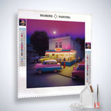 Diamond Painting Kit of vintage time-travel scene at gas pump with acrylic diamonds, canvas, artist's tweezers, and application pen. Paint by Numbers.