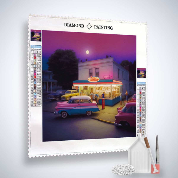 Diamond Painting Kit of vintage time-travel scene at gas pump with acrylic diamonds, canvas, artist's tweezers, and application pen. Paint by Numbers.