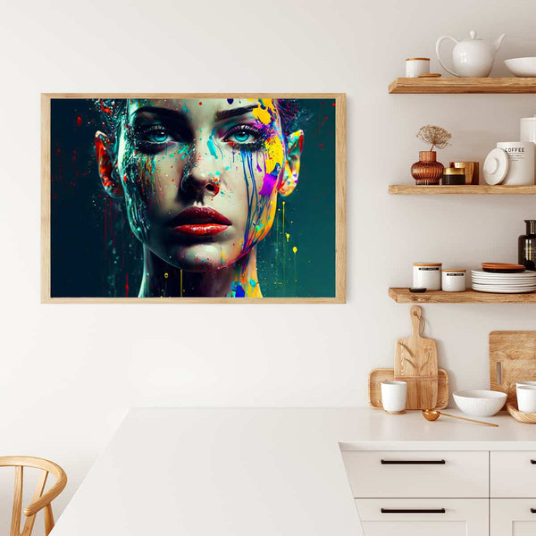 "AB Diamond Painting - Mourning Rain artwork displayed in a modern kitchen setting, featuring vibrant splashes of color on a portrait."