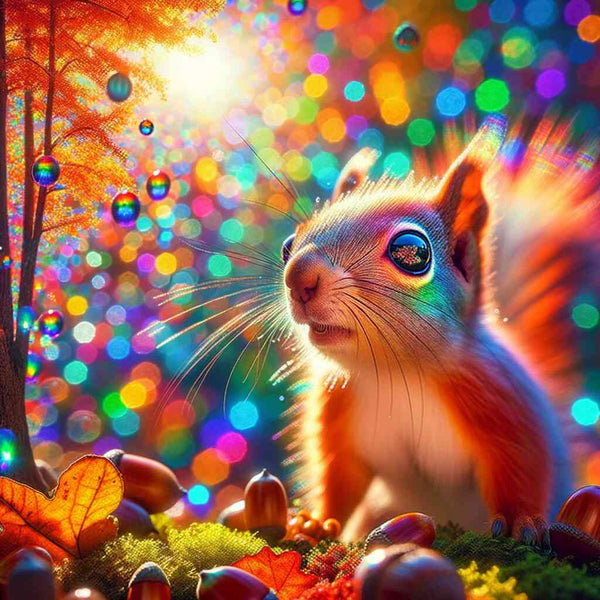 Paint by Numbers - Magic Forest Sparkle featuring a joyful squirrel in a vibrant, sparkling autumn forest with colorful lights and acorns