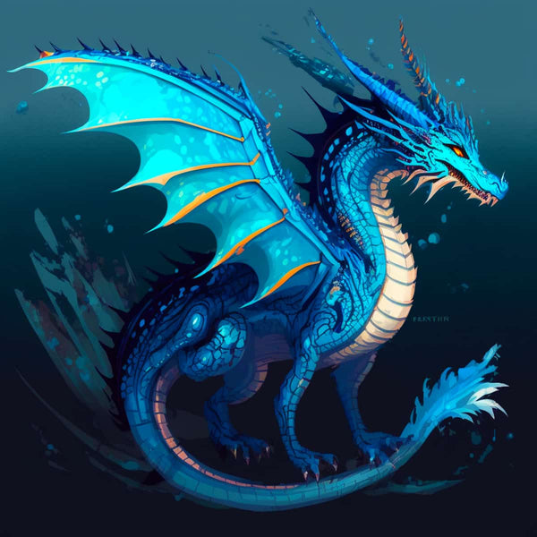 Vibrant blue dragon with intricate scales and wings, featured in Diamond Painting - Scale Magic kit.
