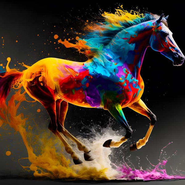 Colorful horse diamond painting with vibrant splashes, included in the Paint by Numbers Diamond Painting Kits for artistic creations.