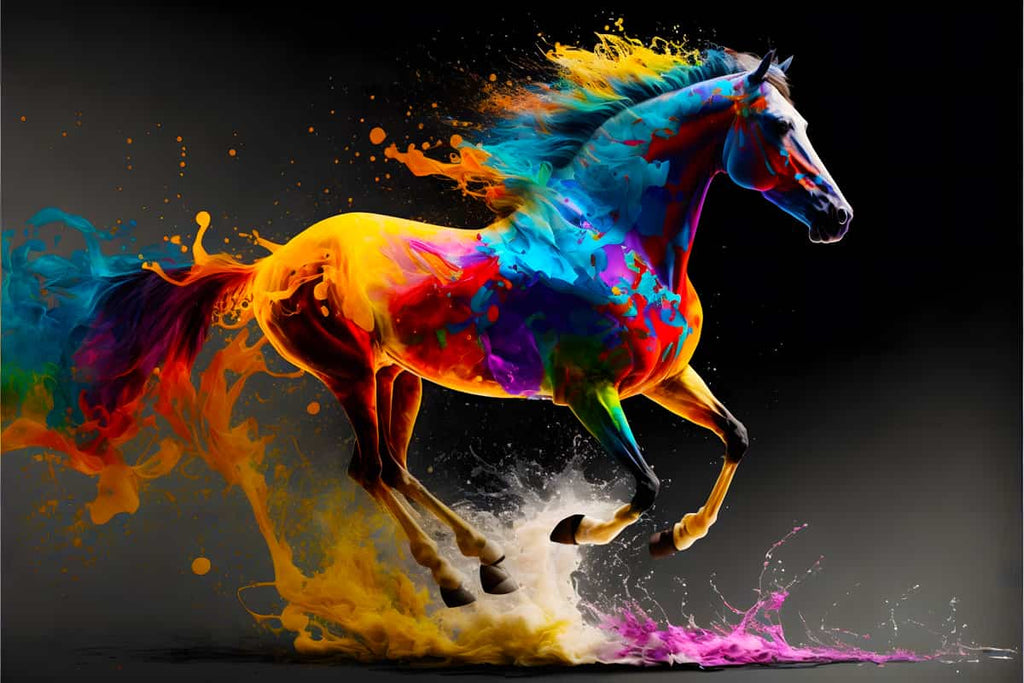 Colorful horse diamond painting with vibrant splashes, included in the Paint by Numbers Diamond Painting Kits for artistic creations.