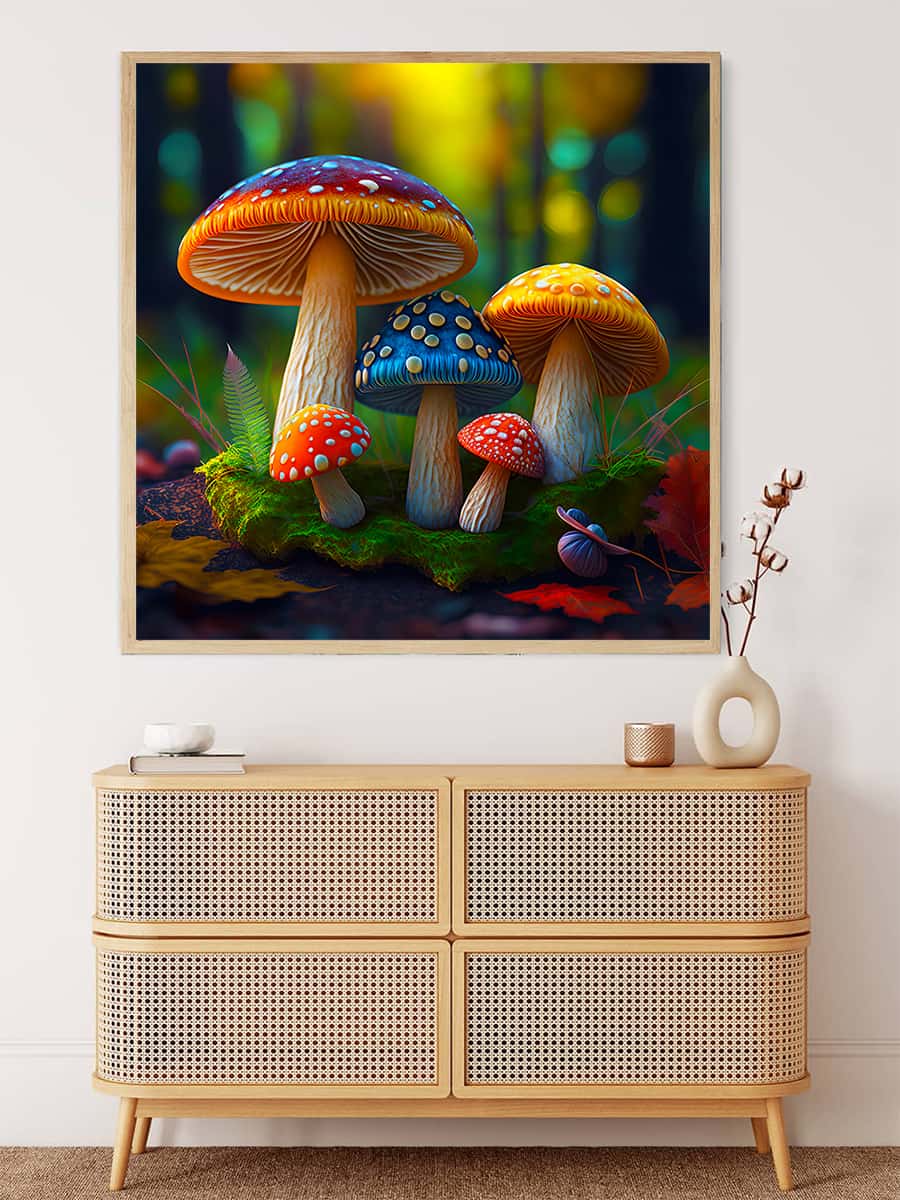 AB Diamond Painting - Rainbow Mushrooms wall art above wooden cabinet, featuring vibrant painted mushrooms. Paint by Numbers Art.