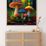 AB Diamond Painting - Rainbow Mushrooms wall art above wooden cabinet, featuring vibrant painted mushrooms. Paint by Numbers Art.