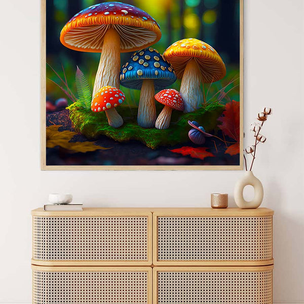AB Diamond Painting - Rainbow Mushrooms wall art above wooden cabinet, featuring vibrant painted mushrooms. Paint by Numbers Art.