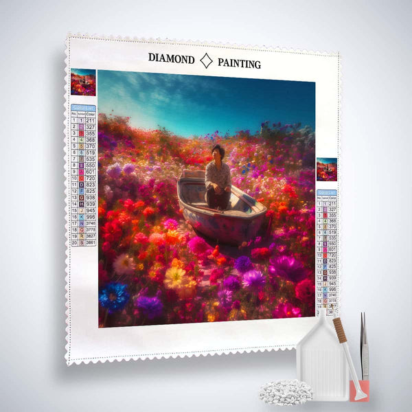 Diamond Painting - Boot im Blumenfluss - gedruckt in Ultra-HD - Blumen, Neu eingetroffen, Quadratisch, Schiff, Schiffe
