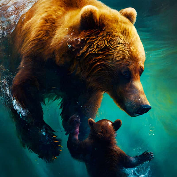 Mother bear swimming with child in vibrant underwater scene for Diamond Painting - Paint by Numbers kit