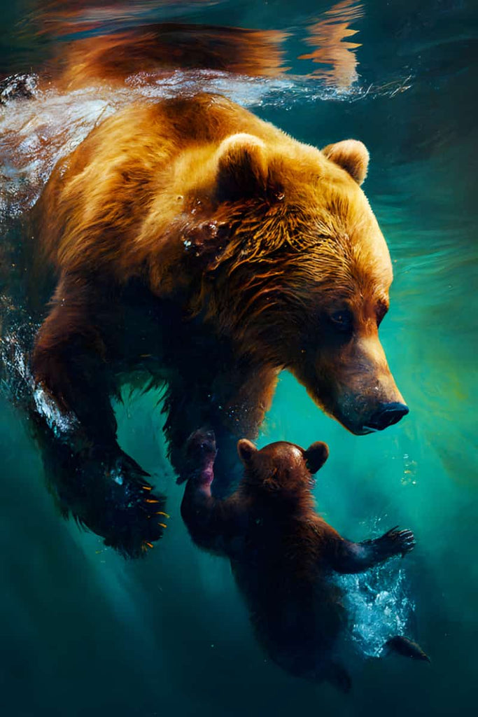 Mother bear swimming with child in vibrant underwater scene for Diamond Painting - Paint by Numbers kit