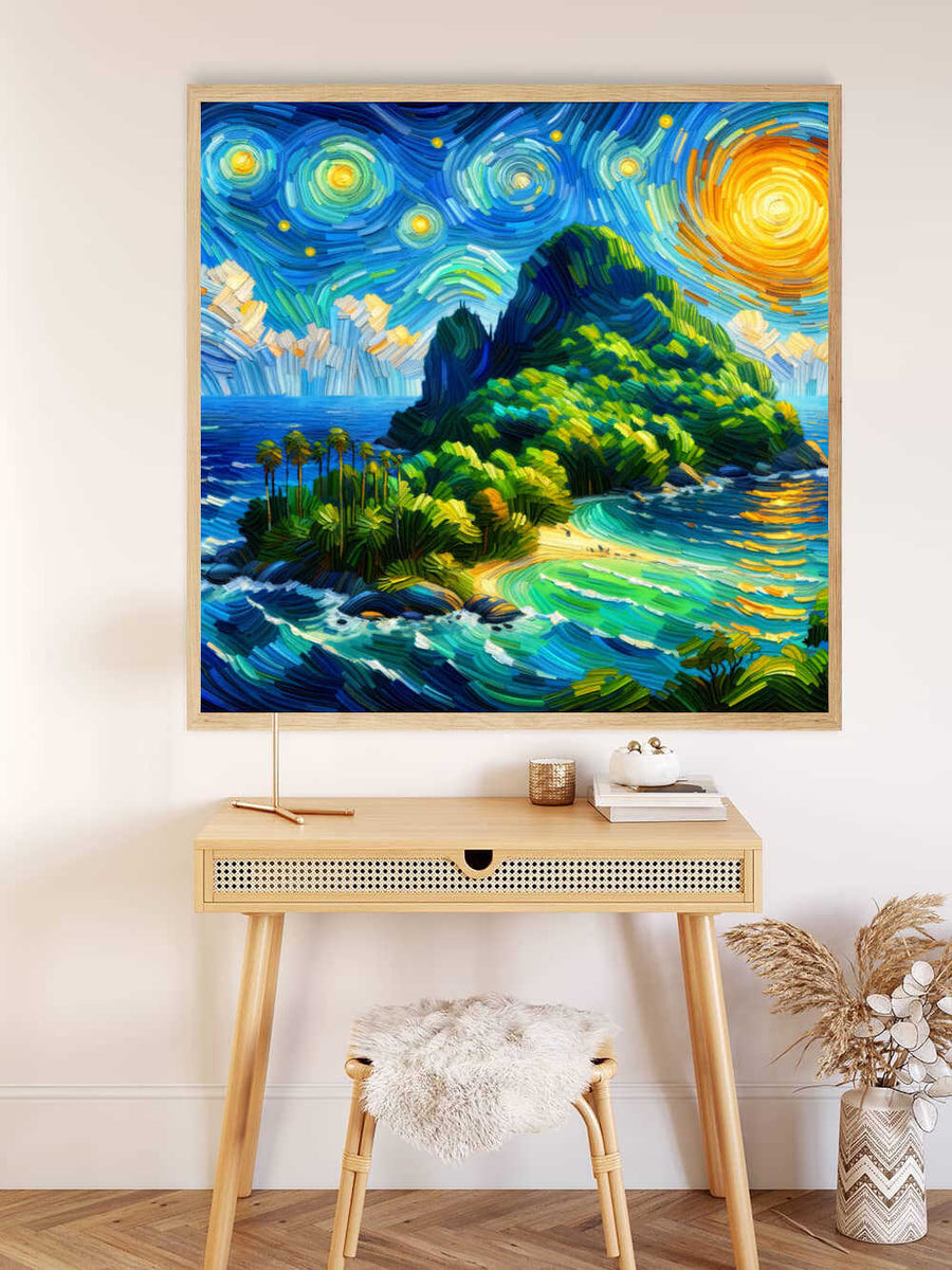 Paint by Numbers - Starry Night over Paradise. Expressionistic island painting with yellow sky, blue sea, and palm trees, displayed on a desk wall.