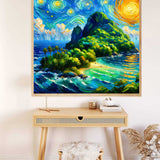 Paint by Numbers - Starry Night over Paradise. Expressionistic island painting with yellow sky, blue sea, and palm trees, displayed on a desk wall.