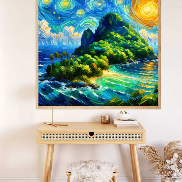 Paint by Numbers - Starry Night over Paradise. Expressionistic island painting with yellow sky, blue sea, and palm trees, displayed on a desk wall.