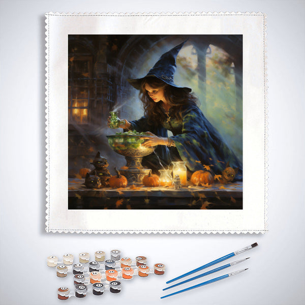 Paint by Numbers Halloween magic brews kit featuring a witch mixing a potion with pumpkins and candles in the background