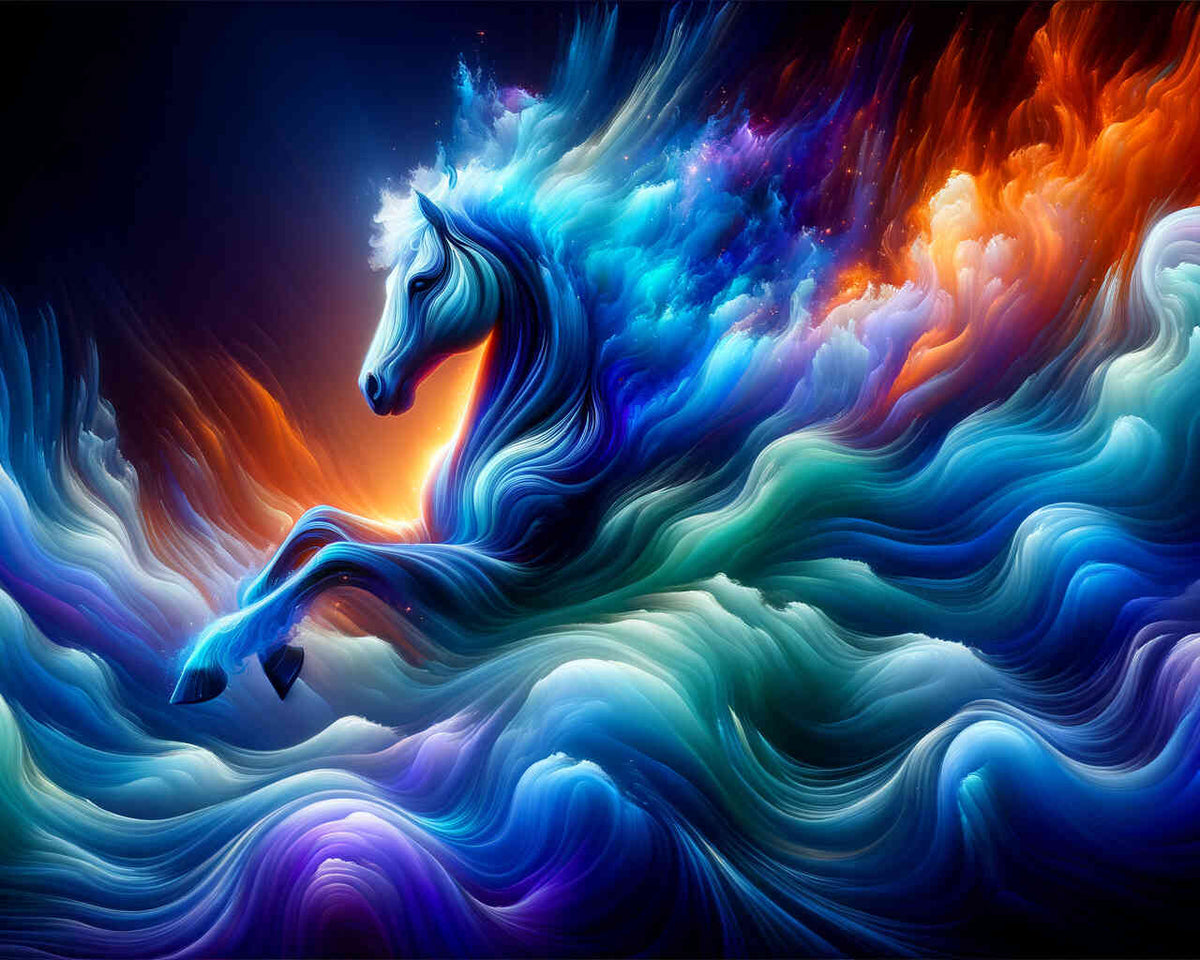 Fantasy Diamond Painting Water Horse among swirling blue-turquoise waves and fiery purple-orange mist in Paint by Numbers style