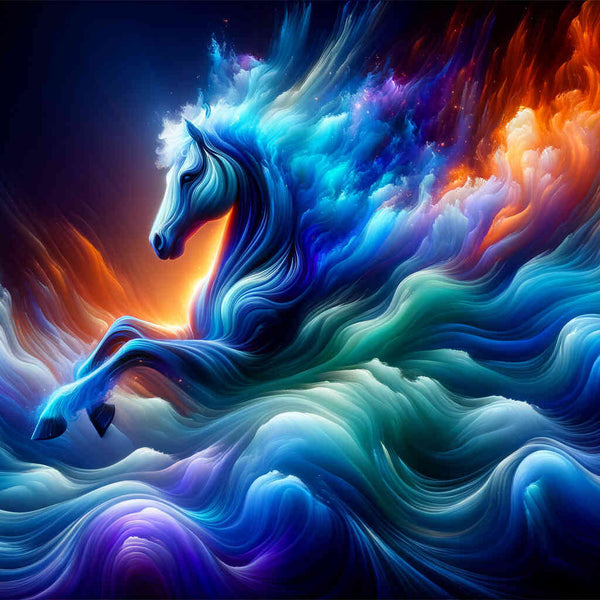 Fantasy Diamond Painting Water Horse among swirling blue-turquoise waves and fiery purple-orange mist in Paint by Numbers style