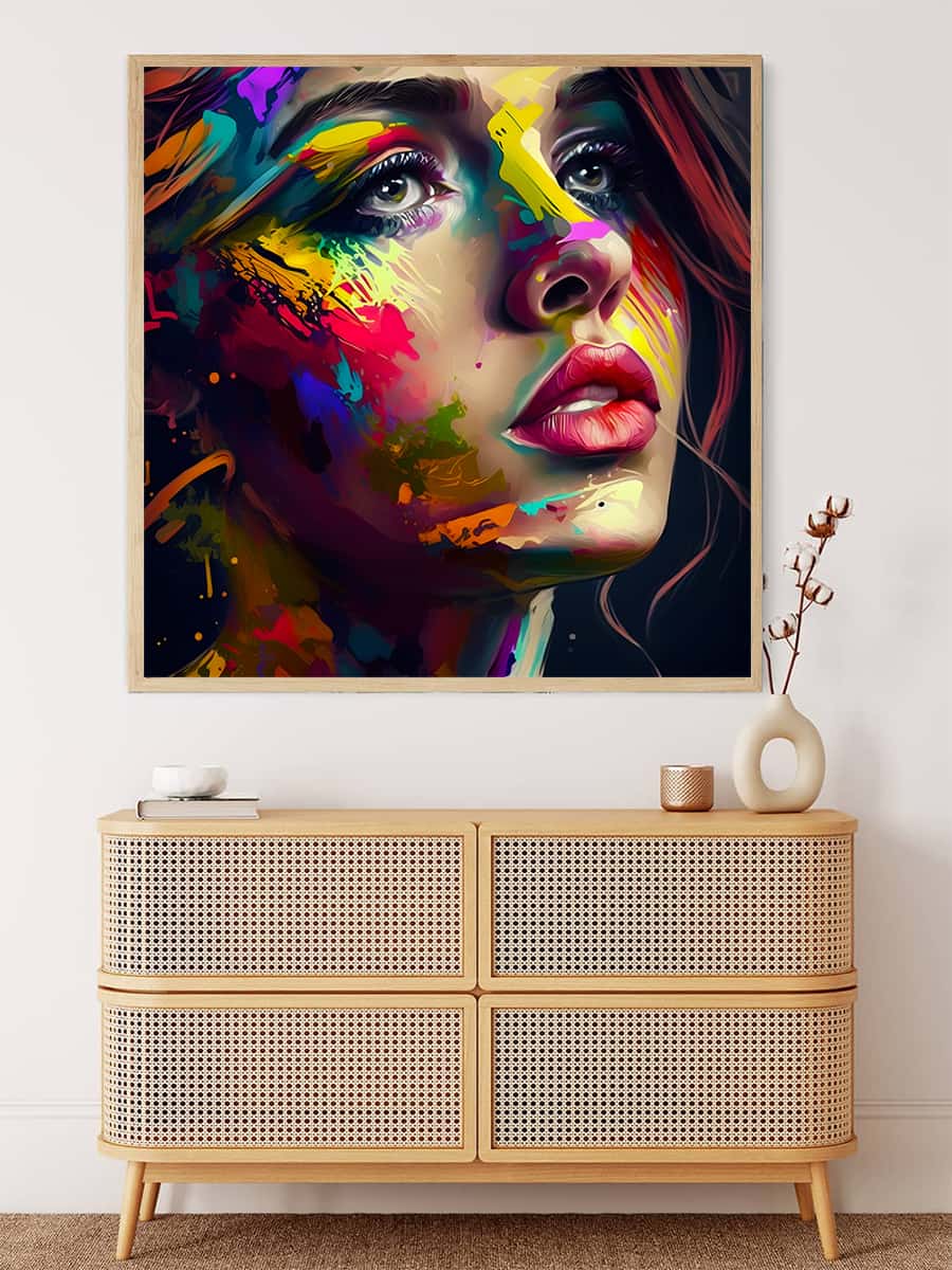 Colorful woman portrait diamond painting art on wall above wooden dresser.