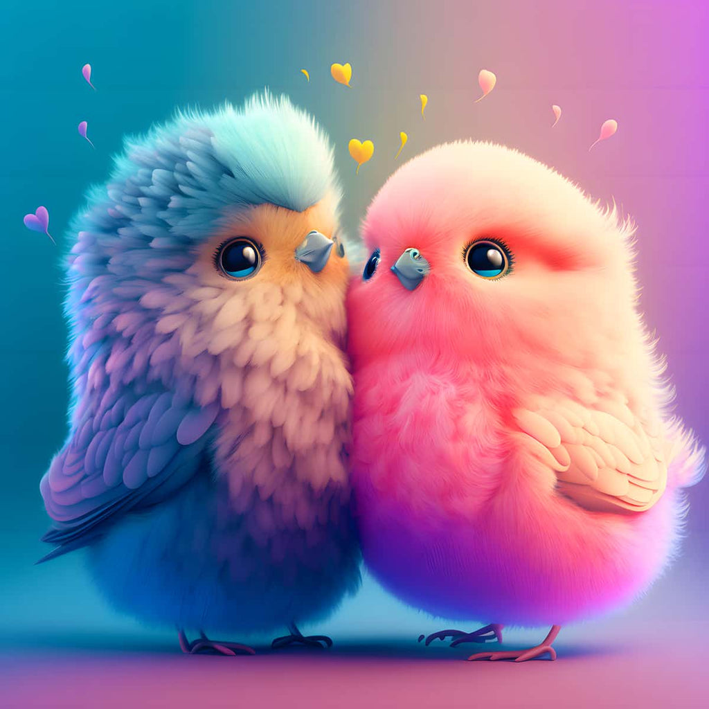 Two colorful fluffy birds cuddling with heart accents in the background