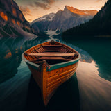 Wooden boat on a calm mountain lake during sunset, showcasing a beautiful mountain paradise ideal for diamond painting and paint by numbers.