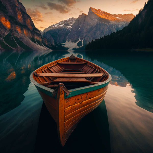 Wooden boat on a calm mountain lake during sunset, showcasing a beautiful mountain paradise ideal for diamond painting and paint by numbers.