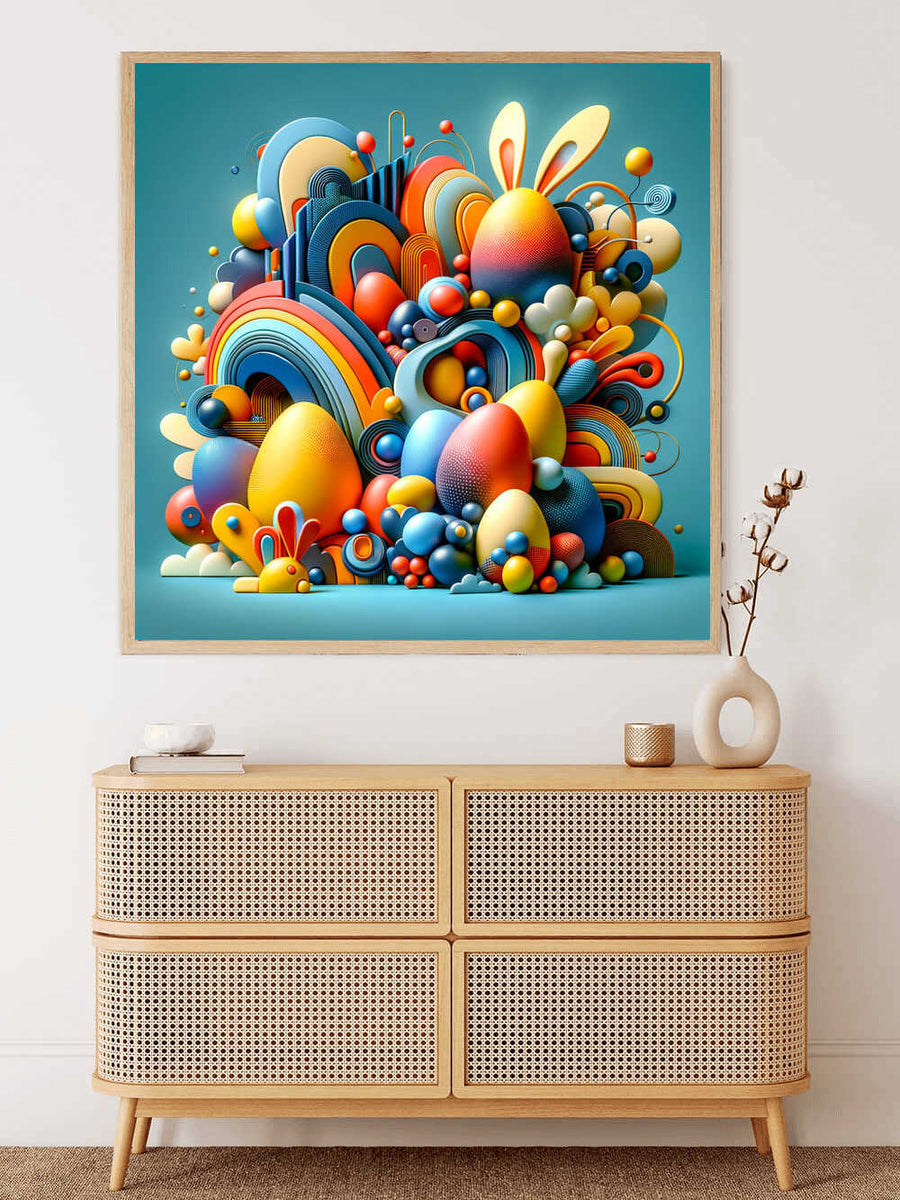 Paint by Numbers - Colorful wonder world artwork with abstract egg shapes and spiral lines in vibrant blues, warm oranges, and calming yellows on wall