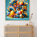 Paint by Numbers - Colorful wonder world artwork with abstract egg shapes and spiral lines in vibrant blues, warm oranges, and calming yellows on wall