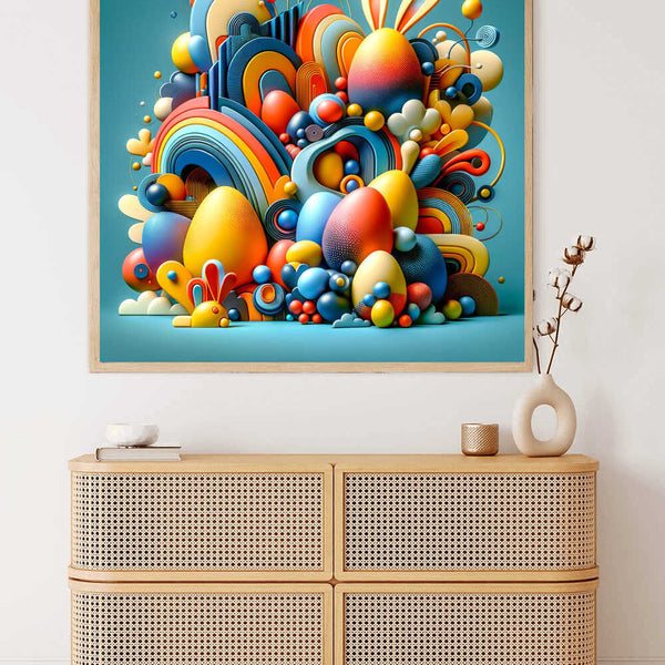 Paint by Numbers - Colorful wonder world artwork with abstract egg shapes and spiral lines in vibrant blues, warm oranges, and calming yellows on wall