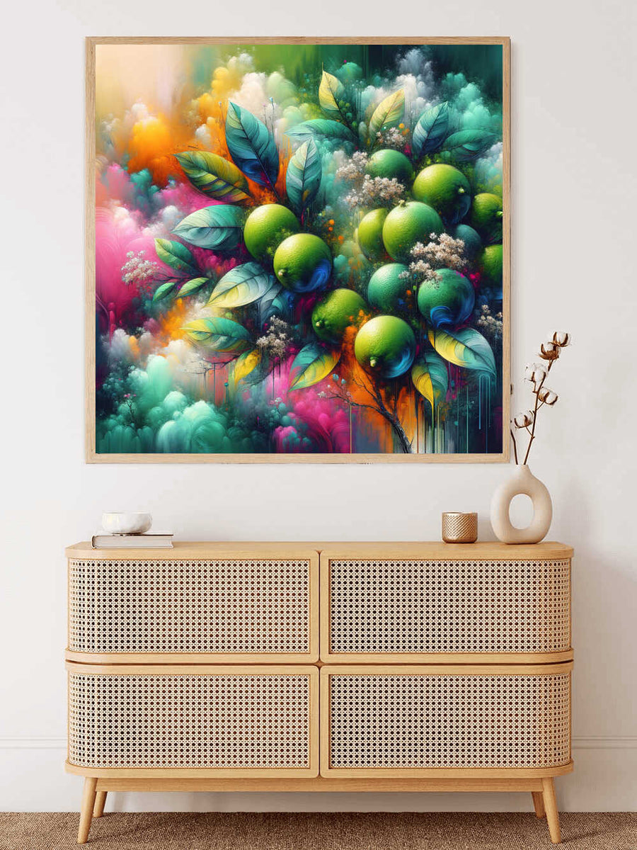 Paint by Numbers abstract art "Colour Rush of the Senses" with vibrant limes and leaves, creating a lively atmosphere in modern decor.