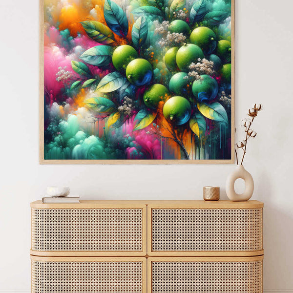 Paint by Numbers abstract art "Colour Rush of the Senses" with vibrant limes and leaves, creating a lively atmosphere in modern decor.