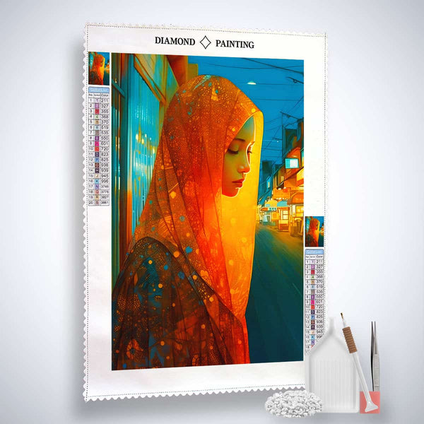 AB Diamond Painting kit with a woman in orange design featuring enhanced acrylic diamonds, professional canvas, artist's tweezers, and application pen.