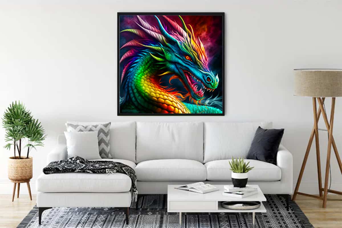Colorful dragon diamond painting displayed in modern living room above white sofa.