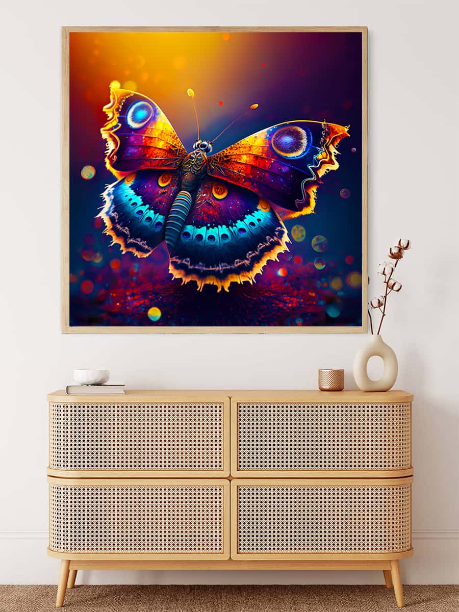 AB Diamond Painting - Butterfly in sunlight displayed above a modern console table. Paint by Numbers Diamond Painting Kits.