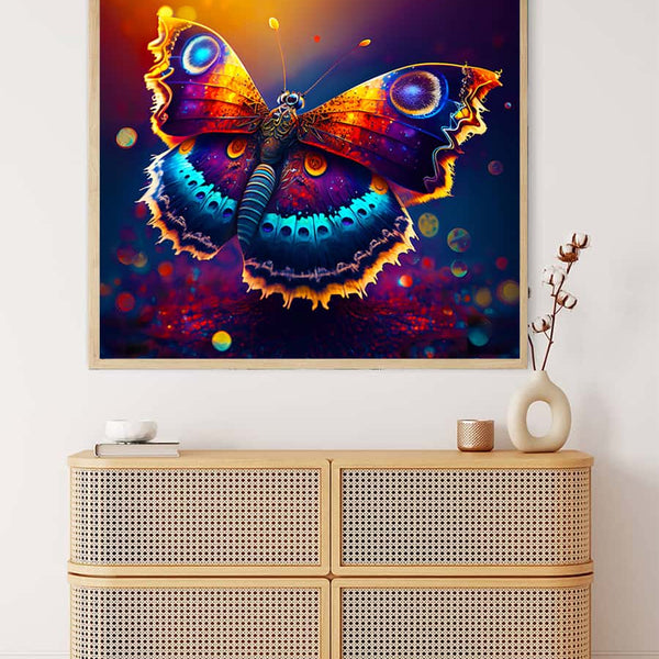 AB Diamond Painting - Butterfly in sunlight displayed above a modern console table. Paint by Numbers Diamond Painting Kits.