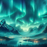 Paint by Numbers - Mystical Northern Lights over a tranquil mountain, shimmering green lights, fantasy and modernity.