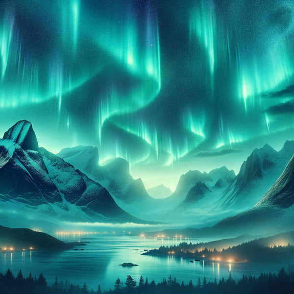 Paint by Numbers - Mystical Northern Lights over a tranquil mountain, shimmering green lights, fantasy and modernity.