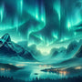 Paint by Numbers - Mystical Northern Lights over a tranquil mountain, shimmering green lights, fantasy and modernity.