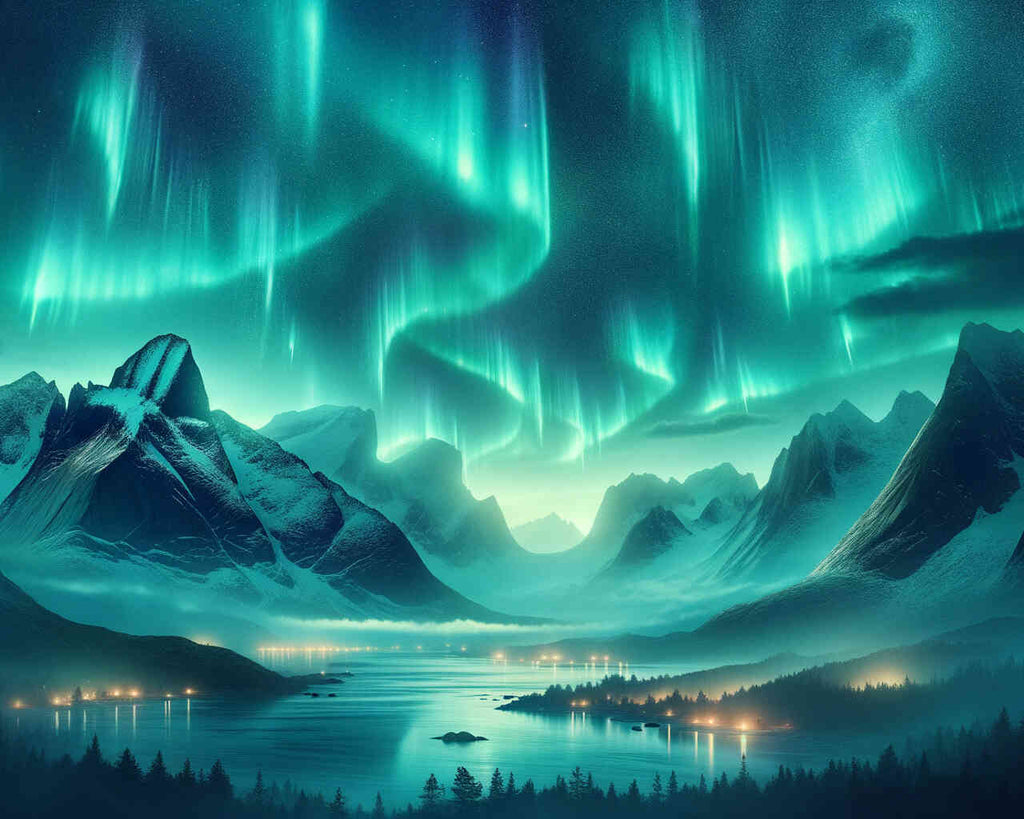 Paint by Numbers - Mystical Northern Lights over a tranquil mountain, shimmering green lights, fantasy and modernity.