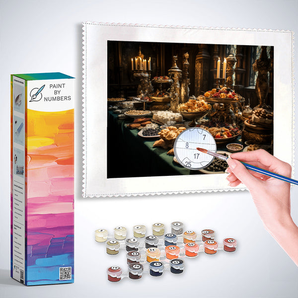 Paint by Numbers kit for adults featuring a detailed dining feast scene with paint and brush close-up, complete set including paints and canvas.