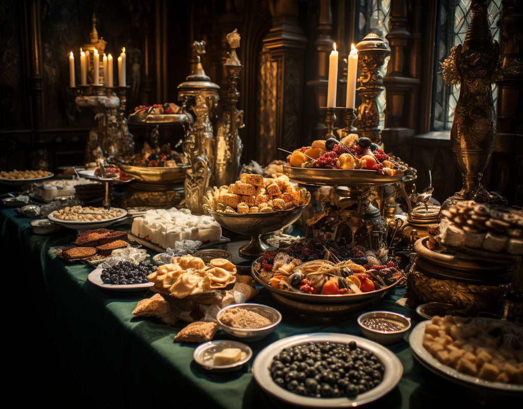 Luxurious dining feast in a lavish setting with various gourmet dishes, fruits, and desserts beautifully presented on a grand table.