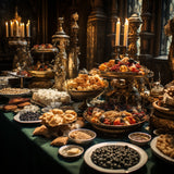 Luxurious dining feast in a lavish setting with various gourmet dishes, fruits, and desserts beautifully presented on a grand table.