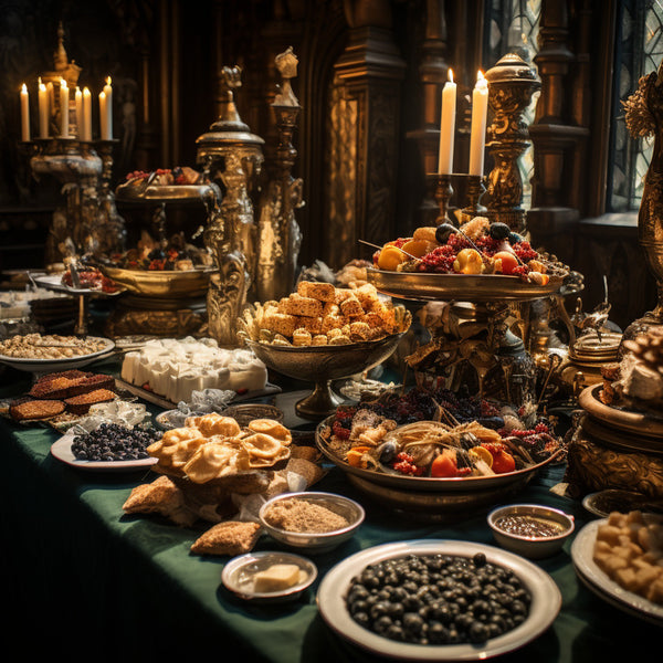 Luxurious dining feast in a lavish setting with various gourmet dishes, fruits, and desserts beautifully presented on a grand table.