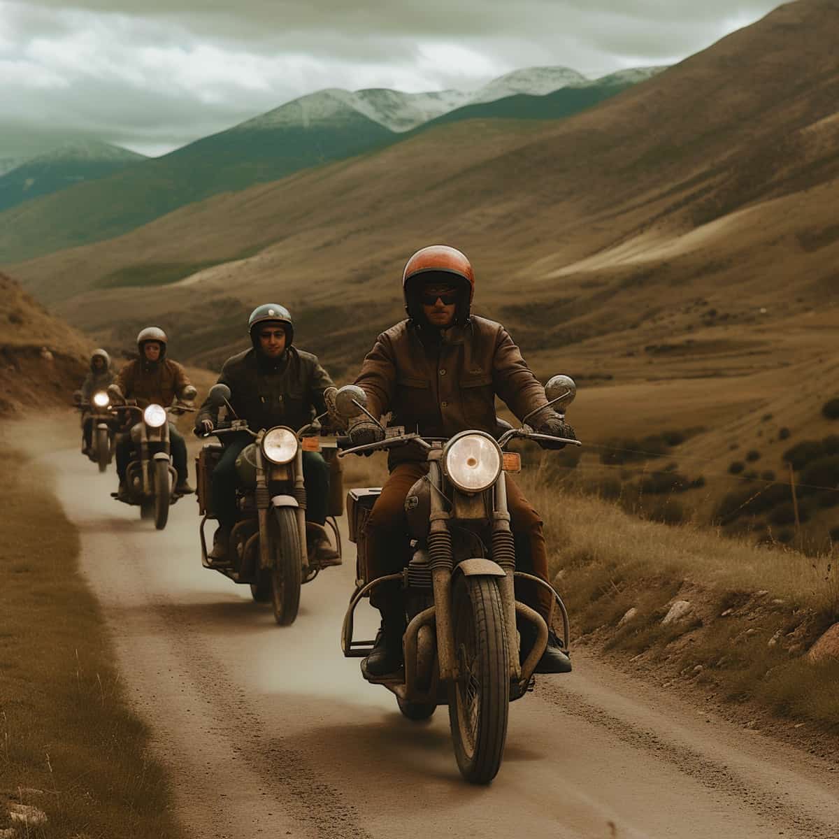 Group of motorcyclists riding dirt road through mountainous landscape
