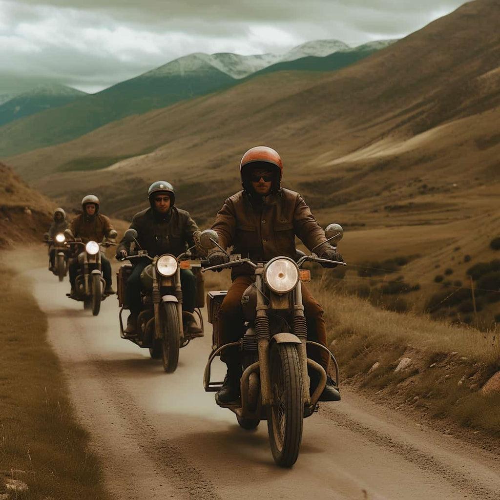 Group of motorcyclists riding dirt road through mountainous landscape
