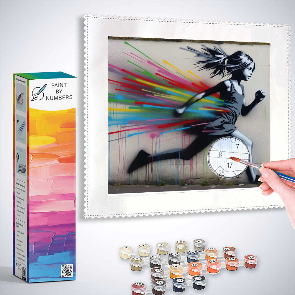 Paint by Numbers kit featuring a black and white figure fleeing from colorful streaks, urban street art style, with paint pots and brush.