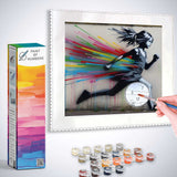 Paint by Numbers kit featuring a black and white figure fleeing from colorful streaks, urban street art style, with paint pots and brush.